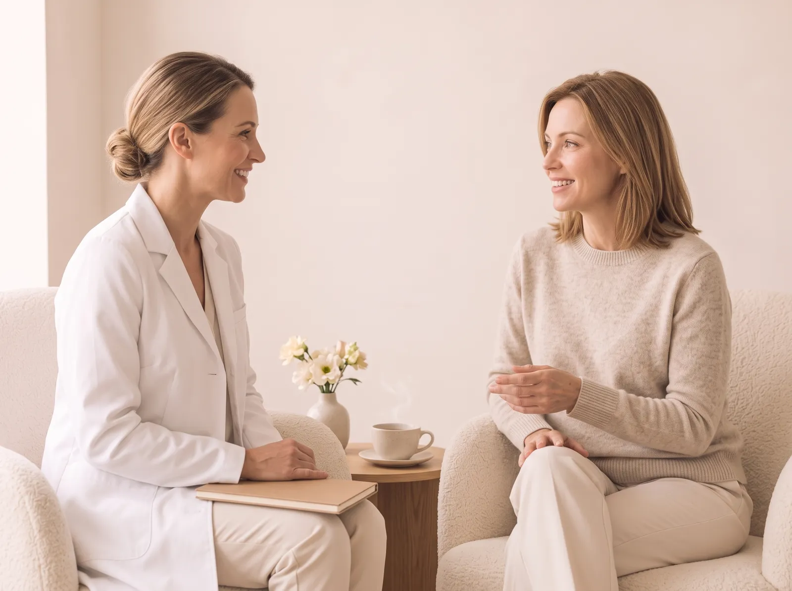 A provider and a member talking in the Vero Beach Medical Spa lounge