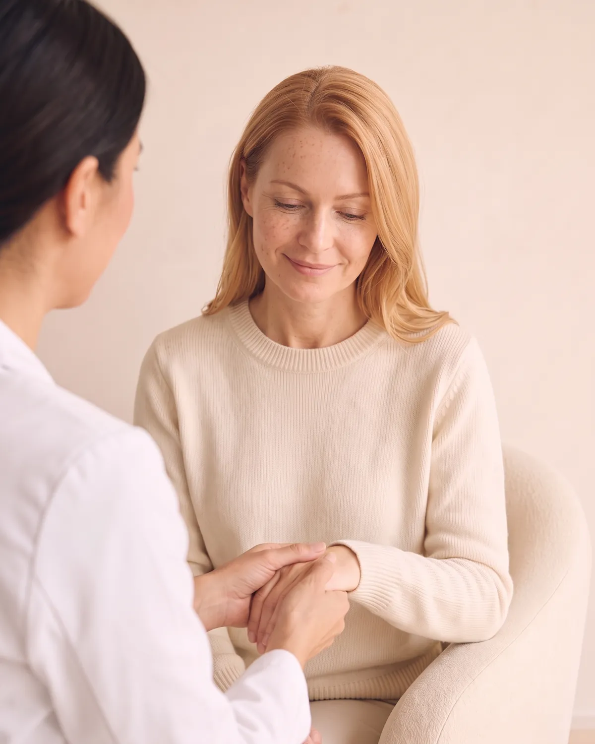 Functional medicine practitioner holding a patient's hands during a consultation