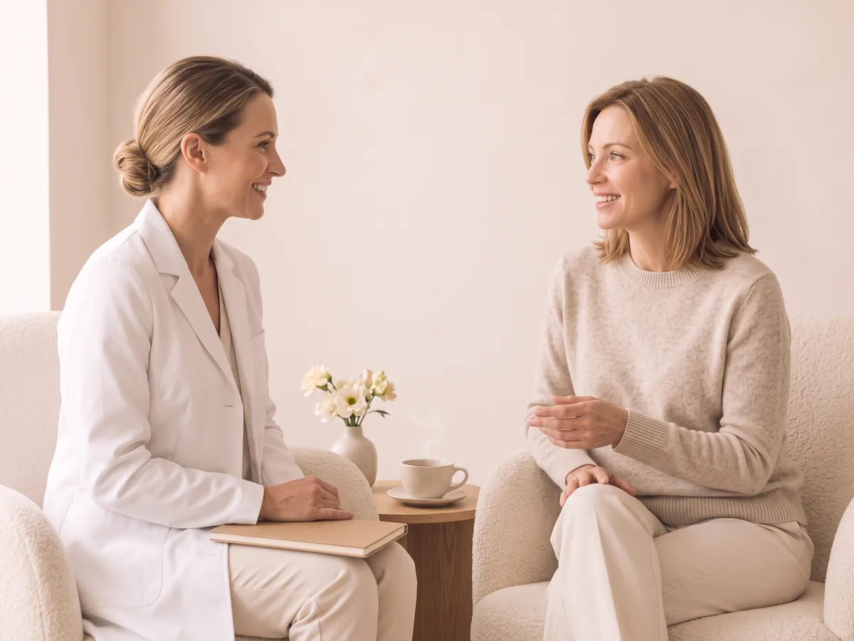 Provider and member talking over tea in the Vero Beach Medical Spa lounge