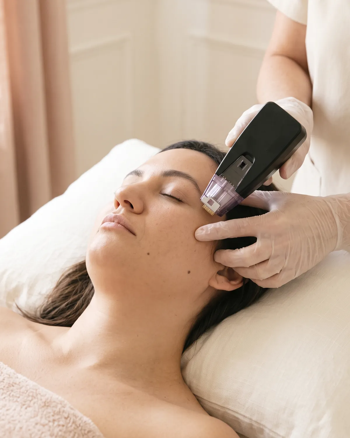 Provider performing Morpheus8 microneedling along a patient's temple