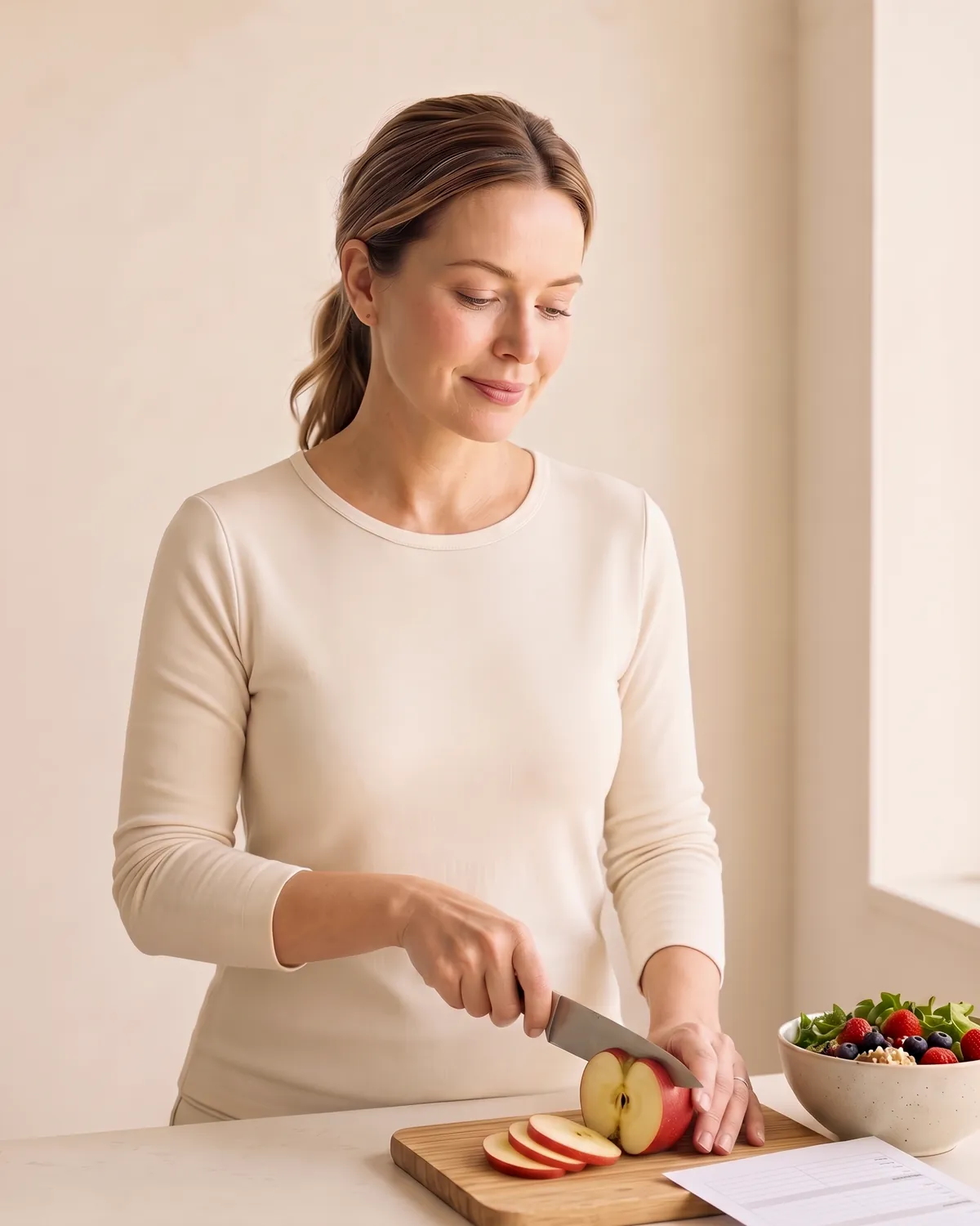 Woman slicing an apple beside a fruit salad and a written meal plan