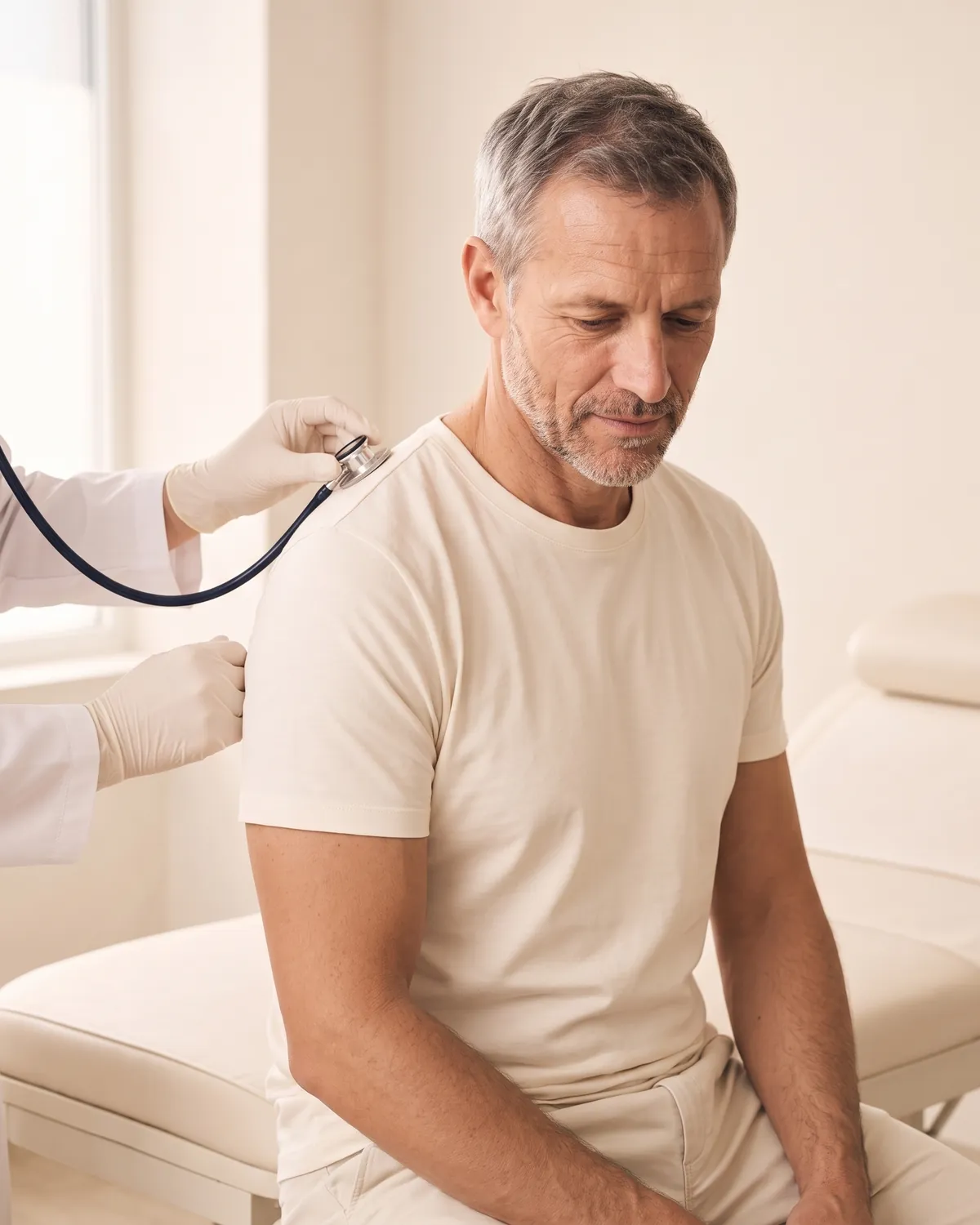 Doctor listening to a man's lungs with a stethoscope during a physical exam