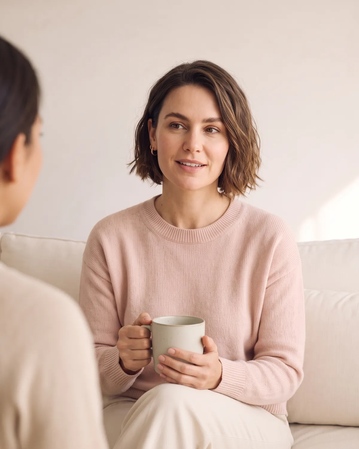 Woman with a mug of tea talking with her therapist