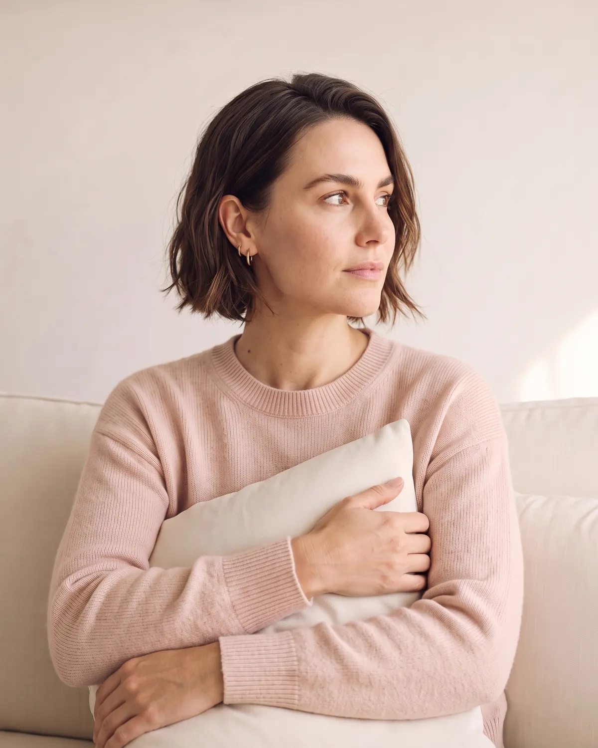 Woman holding a cushion on a sofa during a therapy session in Vero Beach