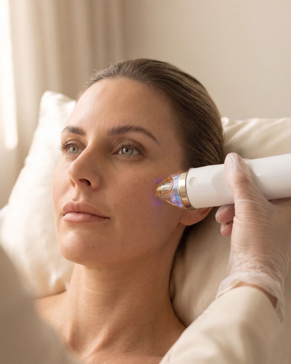 Non-surgical skin tightening handpiece on a woman's cheek